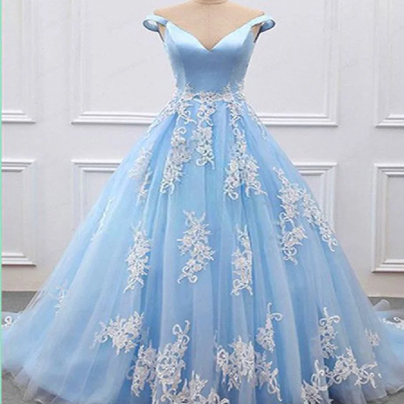 Stylish Blue V Neckline Off Shoulder Long Tulle Senior Prom Dress With Appliques, Fashion Gown. PDY0185 Stylish Blue V Neckline Off Shoulder Long Tulle Senior Prom Dress With Appliques, Fashion Gown. PDY0185