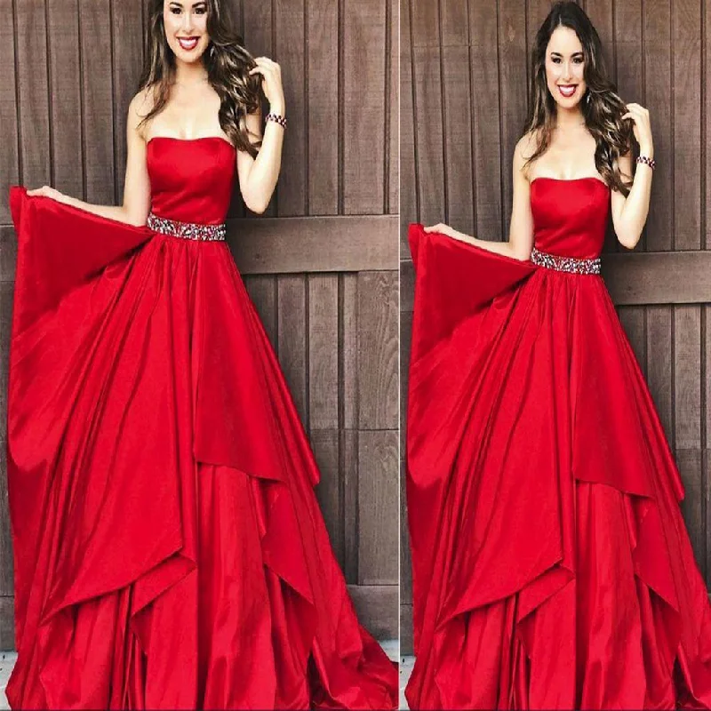 A-line Strapless Satin Beading Red Layered Long Elegant Prom Dresses, Fashion Gown. PDY0184 A-line Strapless Satin Beading Red Layered Long Elegant Prom Dresses, Fashion Gown. PDY0184