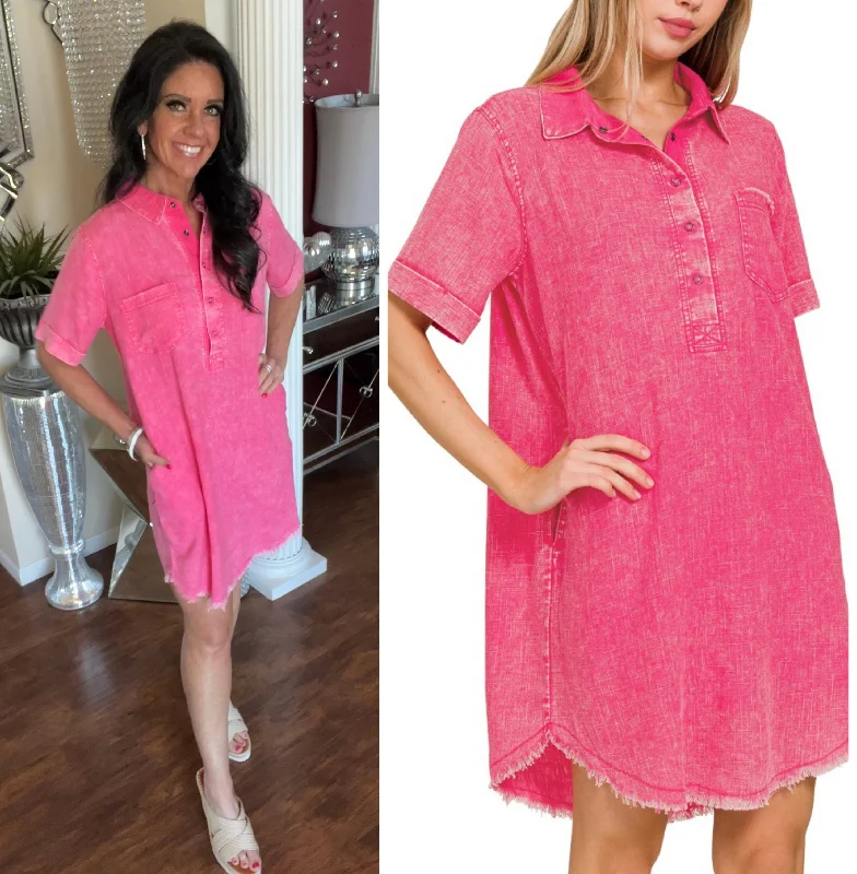 Fuchsia Washed Linen Raw Edge Snap Button Dress