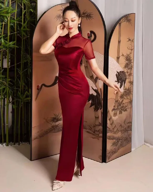 Chinese Satin prom dress, red&black Chinese evening Cheongsam