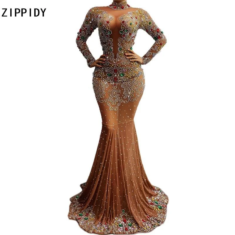 Multi-Color Rhinestones Transparent Long Dress (one size)