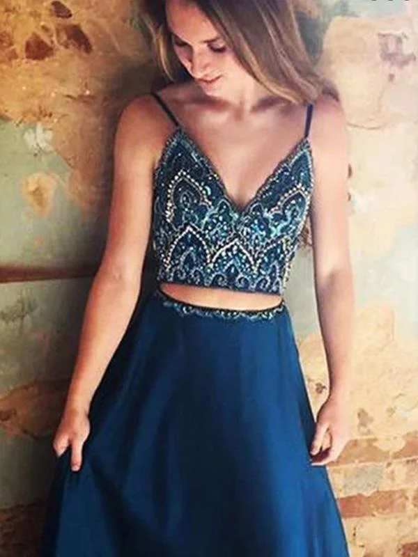 Two Piece Spaghetti Straps Beaded Blue Satin Prom Dresses,Cheap Prom Dresses,PDY0493 Two Piece Spaghetti Straps Beaded Blue Satin Prom Dresses,Cheap Prom Dresses,PDY0493