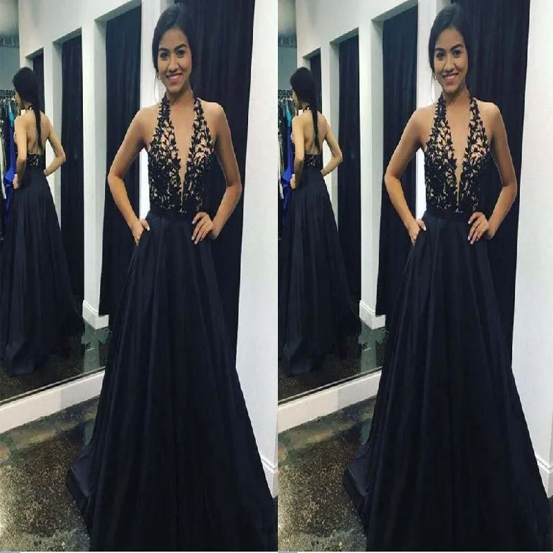 Halter Deep V-Neck Open Back Embroidery Satin A-Line Prom Dress, Floor Length Prom Dress, Prom Dress, PDY0220 Halter Deep V-Neck Open Back Embroidery Satin A-Line Prom Dress, Floor Length Prom Dress, Prom Dress, PDY0220