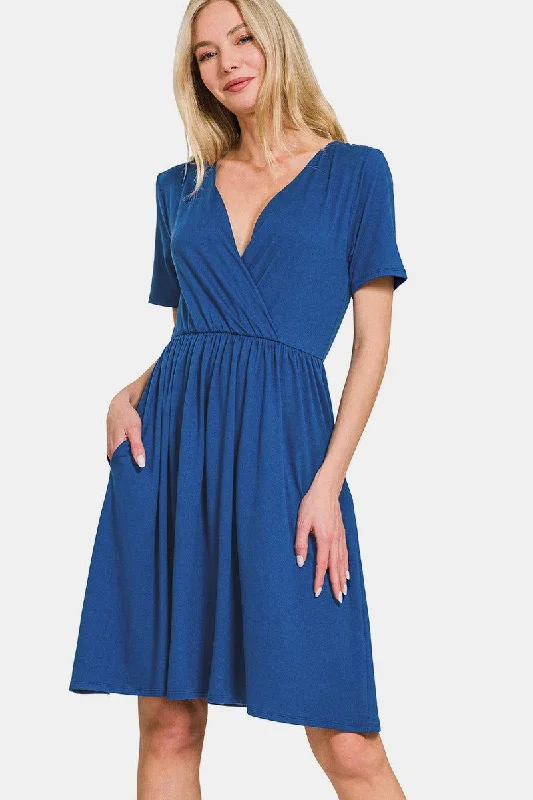 Zenana Surplice Short Sleeve Brushed DTY Dress In Navy