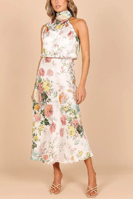 Women's Sleeveless Halter Printed Satin Dress