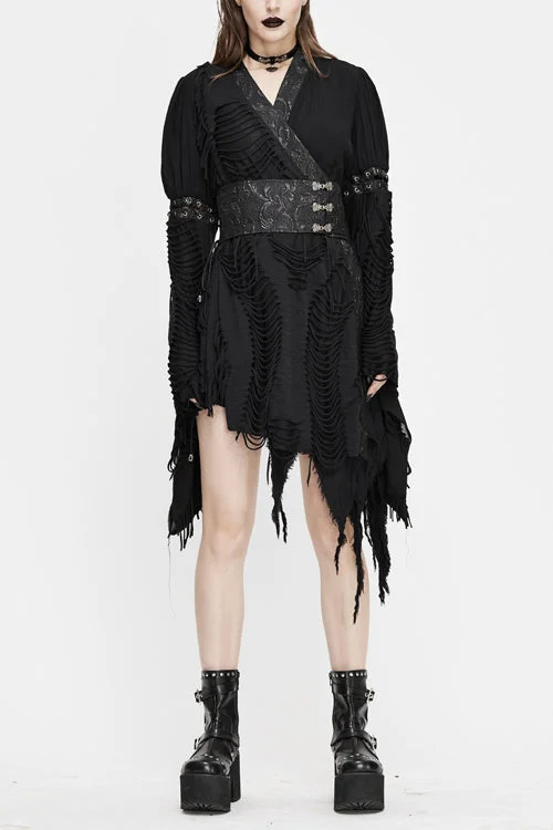 Black Punk Asymmetric Mesh Unedged Womens Dress With Belt