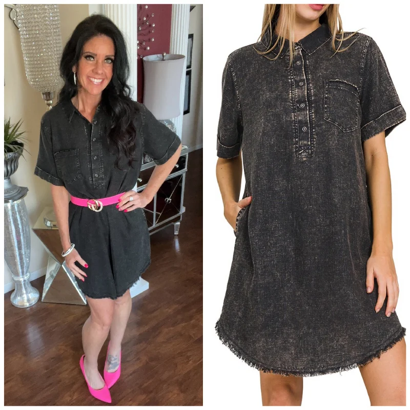 Ash Black Washed Linen Raw Edge Snap Button Dress