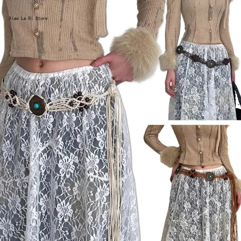 Bohemian Beaded Belt for Female Casual Adjust Self Knotted Crochet Belt for Dress Vacation Waist Decors XXFD