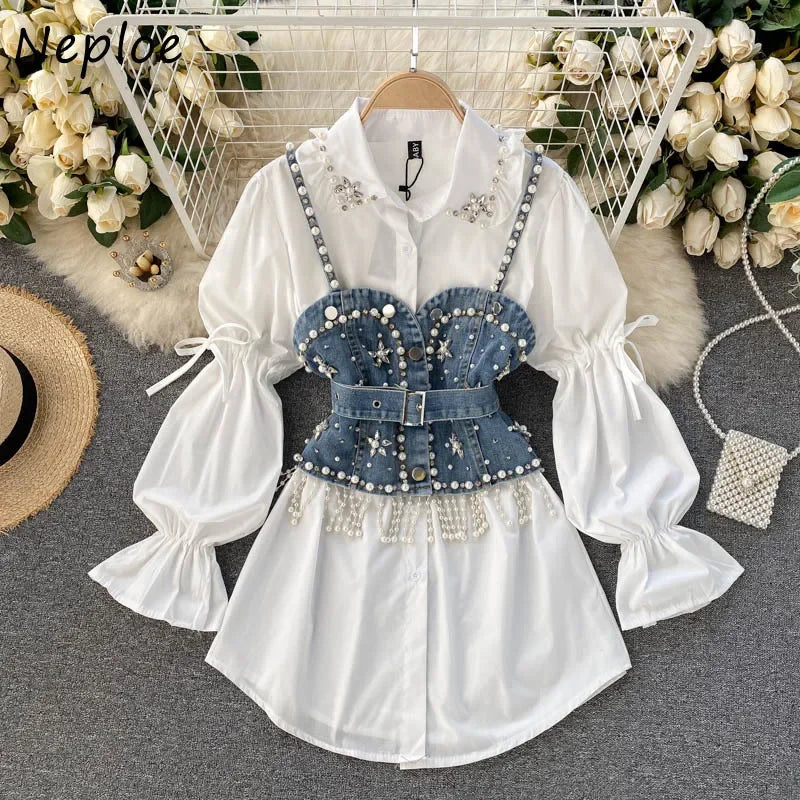 Kuzuwata Fashion Beading Patch Denim Camis Women High Waist Hip A Line Slim Dress Turn Down Collar Puff Long Sleeve Vestidos Kuzuwata Fashion Beading Patch Denim Camis Women High Waist Hip A Line Slim Dress Turn Down Collar Puff Long Sleeve Vestidos