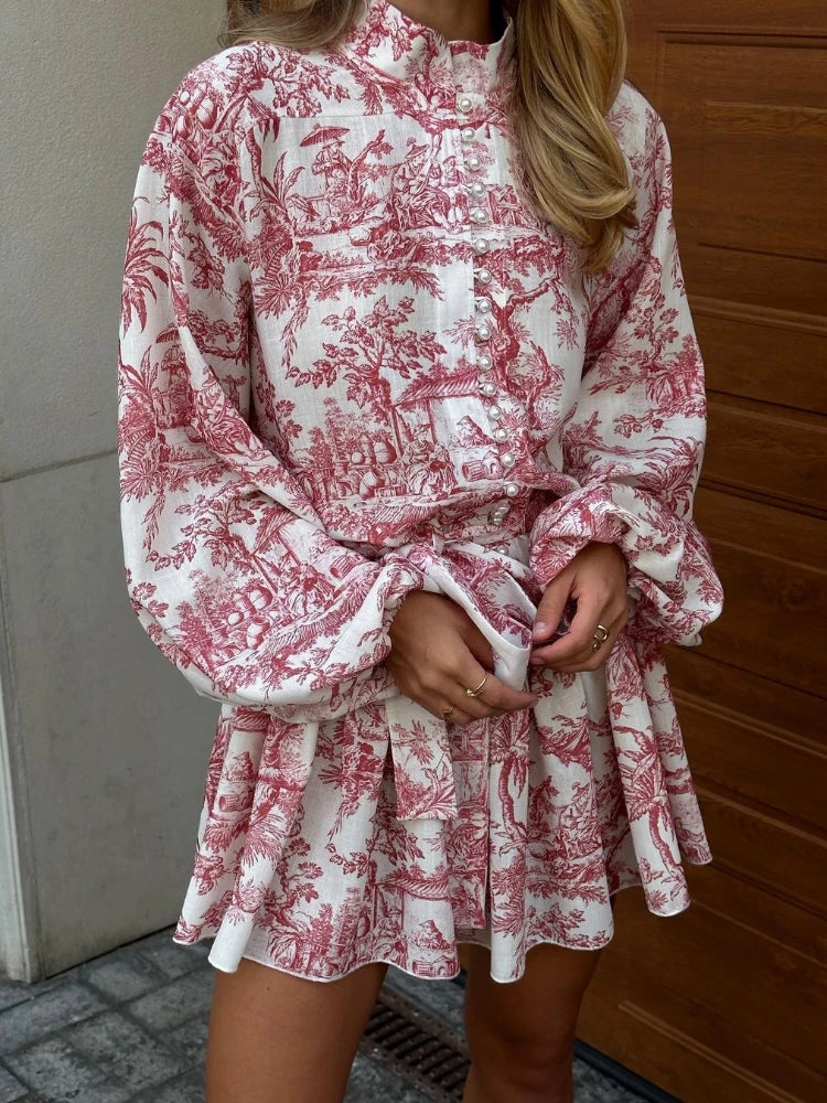 TARUXY Retro Print Folds Dress Women Elegant Lace Up Long Sleeve Ruffle Dresses Female High Street Fashion Bandage Dress Woman TARUXY Retro Print Folds Dress Women Elegant Lace Up Long Sleeve Ruffle Dresses Female High Street Fashion Bandage Dress Woman