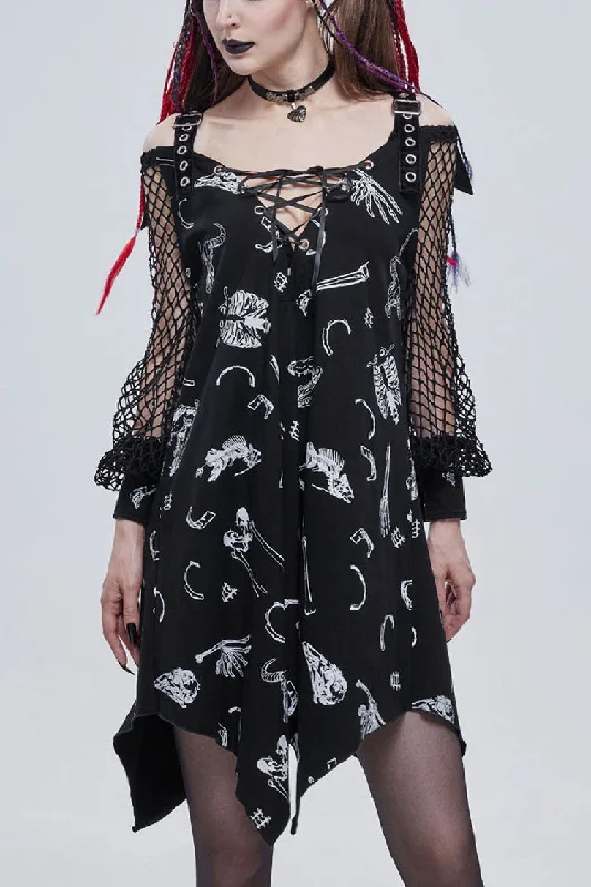Black Gothic Knit Bone Print Sling Metal Grommet Strap Design Long Sleeve Women's Dress