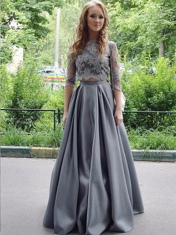 Two Piece Floor-Length Half Sleeves Grey Satin Prom Dresses,Cheap Prom Dresses,PDY0497 Two Piece Floor-Length Half Sleeves Grey Satin Prom Dresses,Cheap Prom Dresses,PDY0497