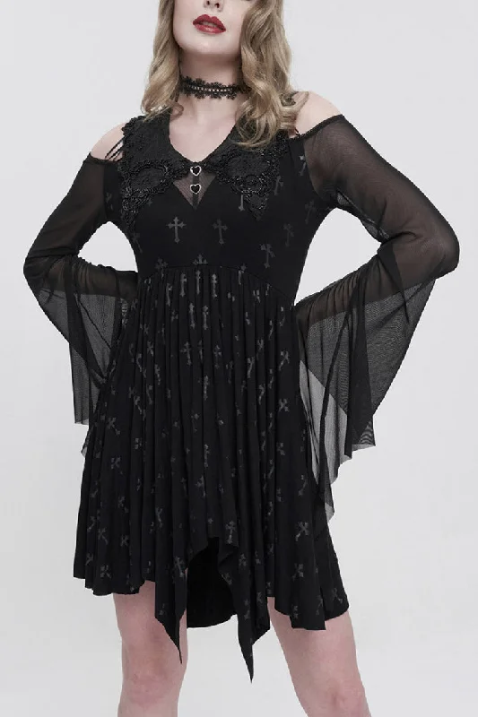 Black Sleeves Cross Print Embroidered And Beaded Neckline Stretch-Mesh Flared Women's Gothic Dress Black Sleeves Cross Print Embroidered And Beaded Neckline Stretch-Mesh Flared Women's Gothic Dress