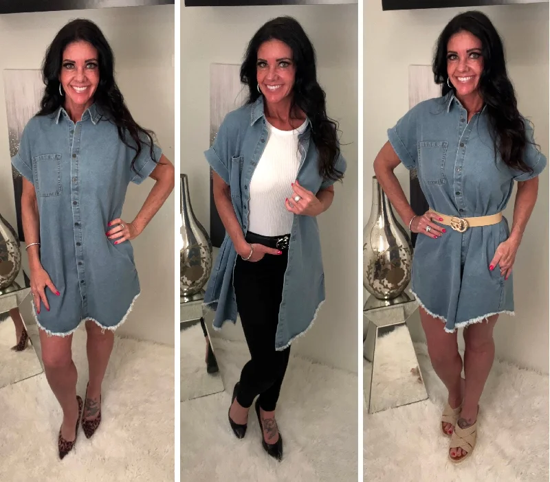 Denim Raw Edge Button Dress/Coverup/Shirt