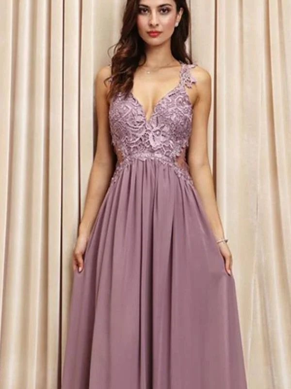 Spaghetti Straps V-neck Dusty Purple Lace Prom Dresses,Cheap Prom Dresses,PDY0481