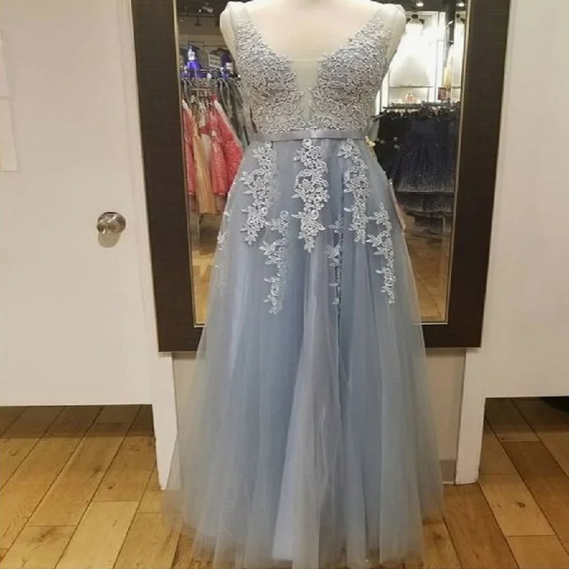 Sexy Backless V Neck Grey Lace Tulle Long Evening Prom Dresses, Pretty Party Prom Dresses PDY0179 Sexy Backless V Neck Grey Lace Tulle Long Evening Prom Dresses, Pretty Party Prom Dresses PDY0179