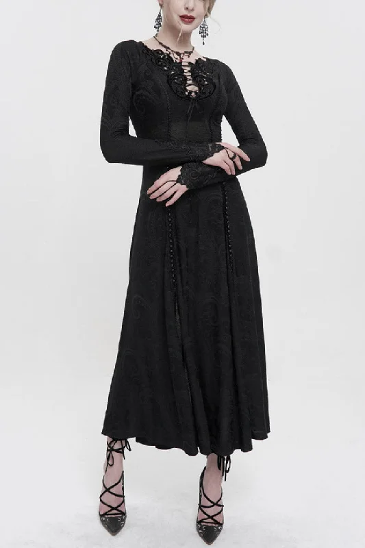 Black Long Sleeve Long Knitting Symmetrical Applique And String at The Chest Women's Gothic Dress Black Long Sleeve Long Knitting Symmetrical Applique And String at The Chest Women's Gothic Dress