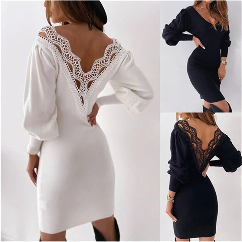 Sexy Lace Hollow Out Backless V-neck Dress