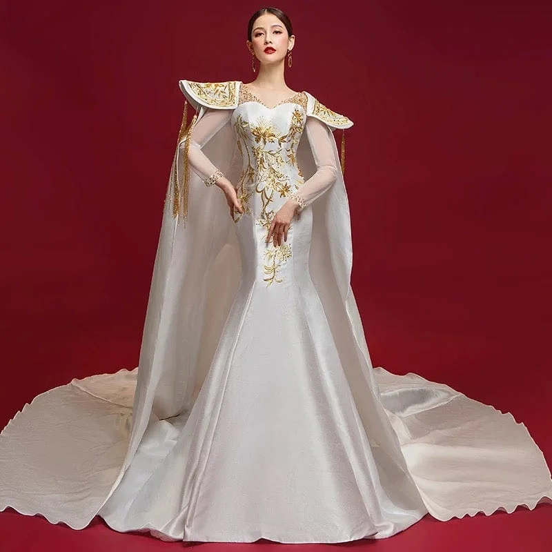 Floral embroidery, high-end fish tail Qipao, luxury Chinese dress