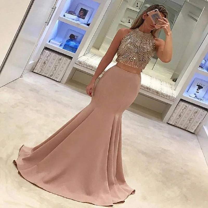 Gorgeous Two-Piece Mermaid Prom Dresses Pink Beads Sleeveless Long Evening Gowns,PDY0182 Gorgeous Two-Piece Mermaid Prom Dresses Pink Beads Sleeveless Long Evening Gowns,PDY0182