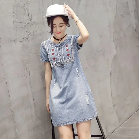 Korean style 2018 new summer plus size female fashion dress denim blue school girls' dress 168A 45 Korean style 2018 new summer plus size female fashion dress denim blue school girls' dress 168A 45