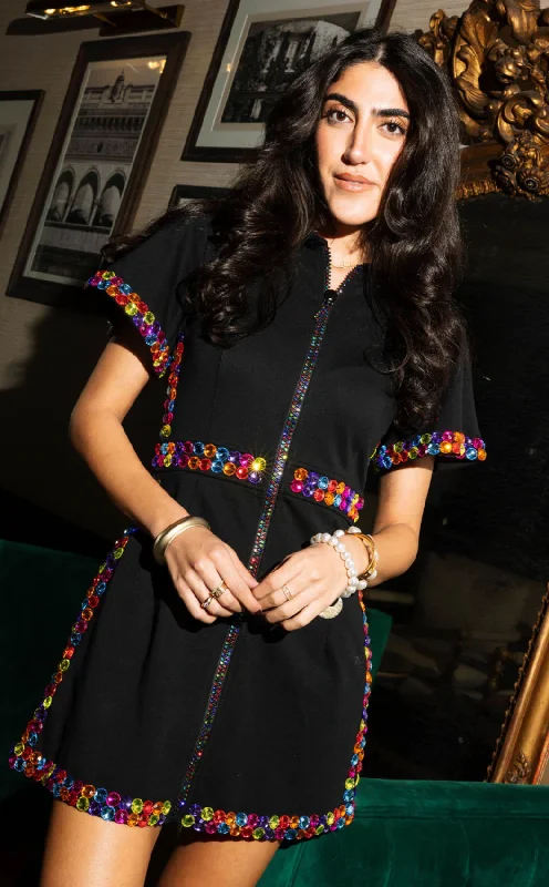 Queen of Sparkles Black Rainbow Jewel Zip Up Dress