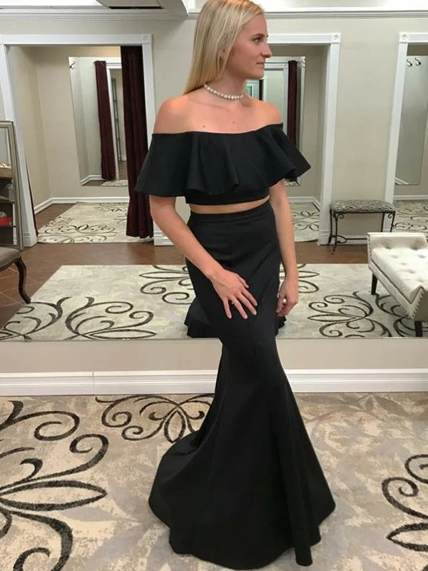 Two Piece Mermaid Off-the-Shoulder Black Prom Dress with Ruffles,Cheap Prom Dress,PDY0393 Two Piece Mermaid Off-the-Shoulder Black Prom Dress with Ruffles,Cheap Prom Dress,PDY0393