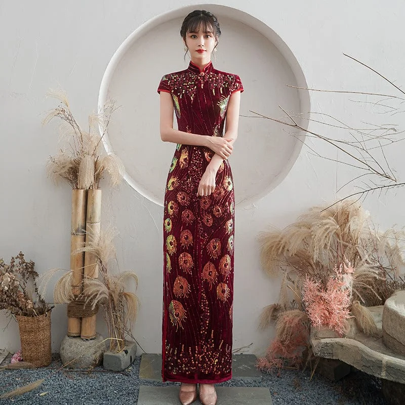 Sequins Chinese prom dress, Sequins evening long Cheongsam