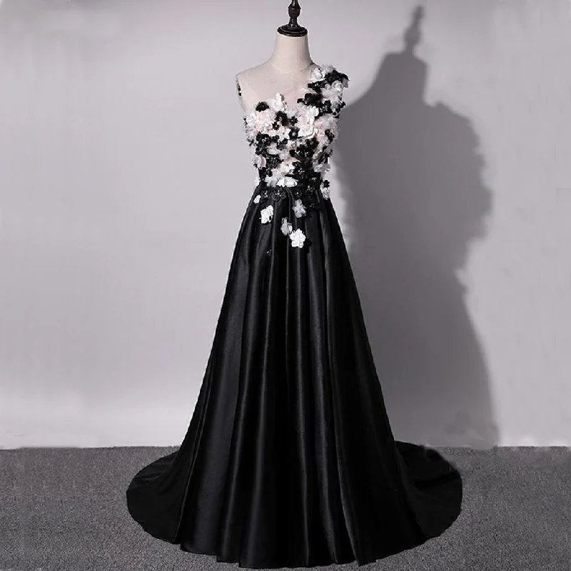 One Shoulder Handmade Flower Black A-line Long Evening Prom Dresses,Evening Dresses PDY0231 One Shoulder Handmade Flower Black A-line Long Evening Prom Dresses,Evening Dresses PDY0231