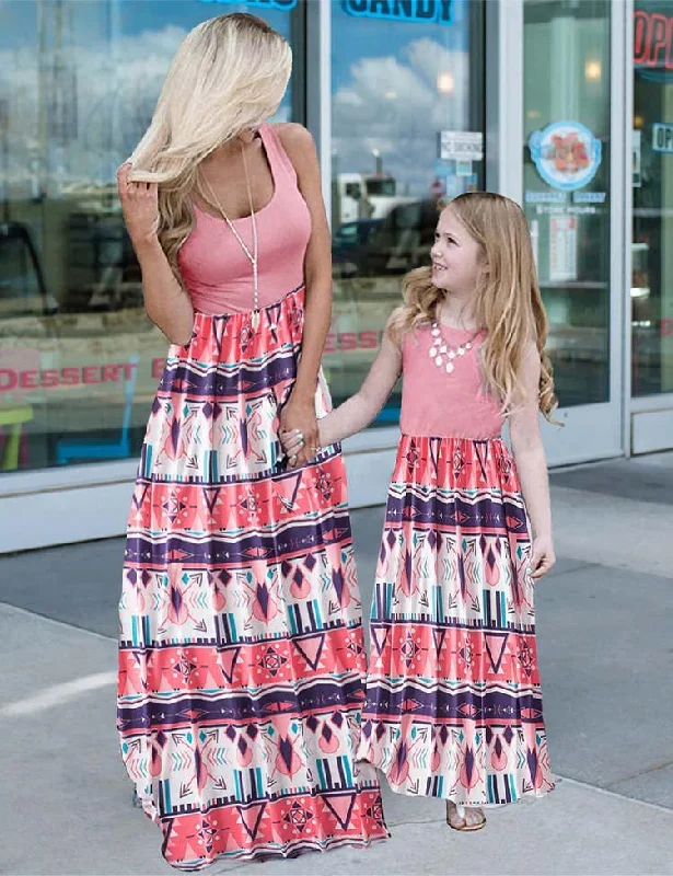 Family Matching Floral Print Splice Solid Color Strap Dress Sets
