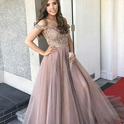 A-Line Off-the-Shoulder Blush Tulle Prom Dress With Beading, Cheap Prom Dresses,PDY0214 A-Line Off-the-Shoulder Blush Tulle Prom Dress With Beading, Cheap Prom Dresses,PDY0214