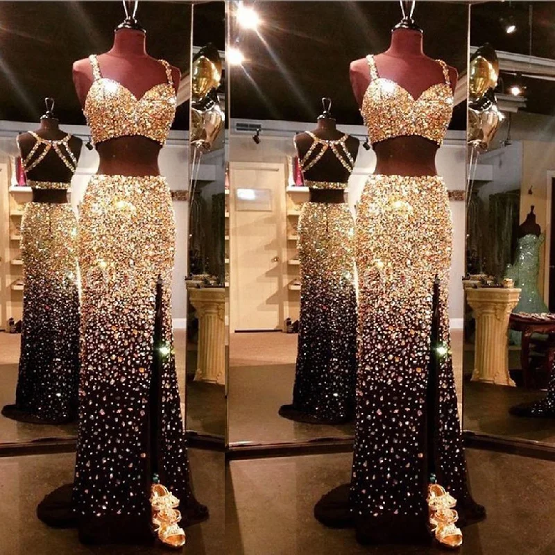 Sparkly Gold And Black Front Split Two Pieces Rhinestone Modest Prom Dresses, Party Bridal,PDY0222 Sparkly Gold And Black Front Split Two Pieces Rhinestone Modest Prom Dresses, Party Bridal,PDY0222
