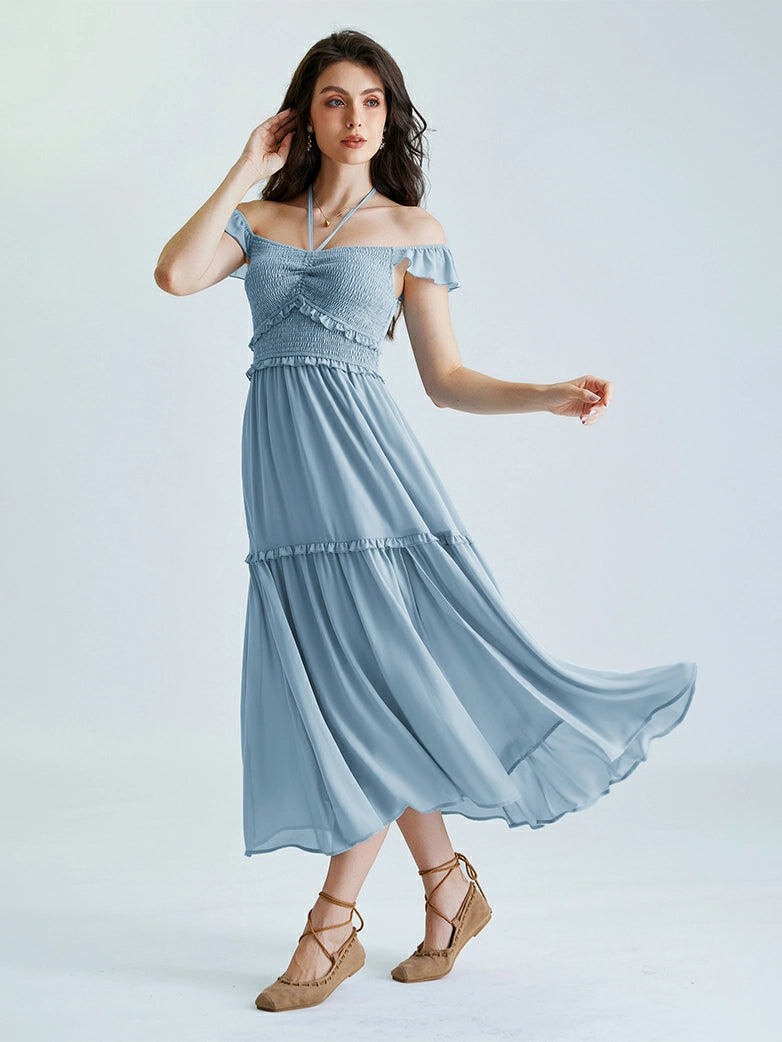 Women Flying Sleeves Pleated Lace-up Slit Dress