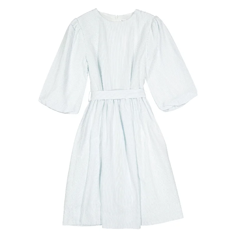 Darlin Blue/White Pinstripe Belted Dress