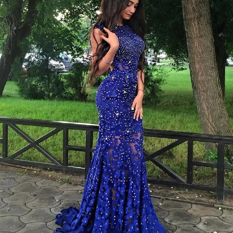 Luxurious Mermaid Jewel Sleeveless Open Back Sweep Train Lace Prom Dress With Beading ,PDY0308 Luxurious Mermaid Jewel Sleeveless Open Back Sweep Train Lace Prom Dress With Beading ,PDY0308
