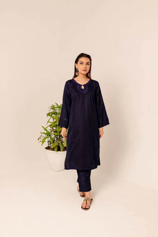 2 Piece Blue Viscose Linen Embroidered Dress (EM-B15)