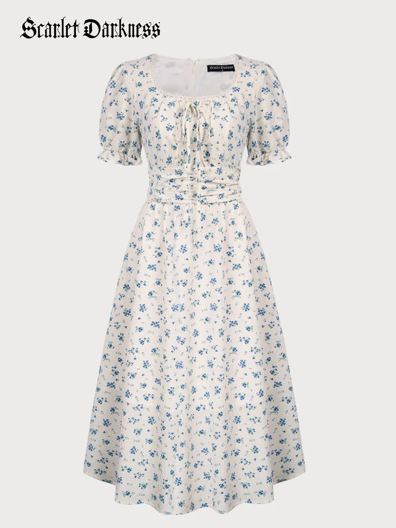 Women Square Neck Pleated Flared A-Line Lacing Dress