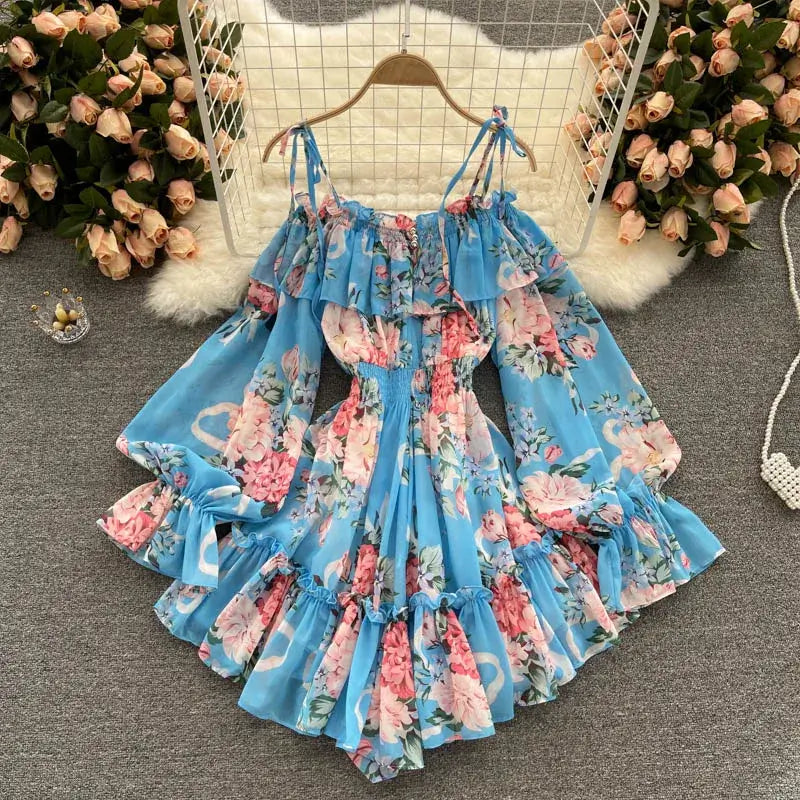 Sexy Slash Neck Spaghetti Strap Mini Chiffon Dress Women Summer Vacation Beach Flare Long Sleeve Ruffle Blue/Green Vestidos New Sexy Slash Neck Spaghetti Strap Mini Chiffon Dress Women Summer Vacation Beach Flare Long Sleeve Ruffle Blue/Green Vestidos New