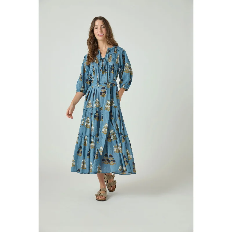 Pink Chicken Blue Flowerette Womens Pintuck Indira Dress