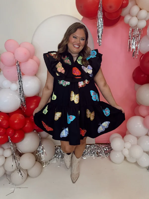 Queen of Sparkles Black Multi Butterfly Cotton Ruffle Dress