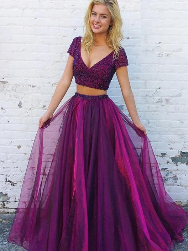 Two Piece V-Neck Short Sleeves Purple Tulle Beaded Prom Dresses,Cheap Prom Dress,PDY0388 Two Piece V-Neck Short Sleeves Purple Tulle Beaded Prom Dresses,Cheap Prom Dress,PDY0388
