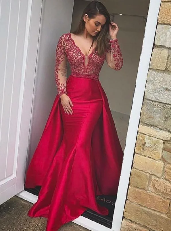 Mermaid Long Sleeves Beaded Red Lace Prom Dress ,Cheap Prom Dresses,PDY0419