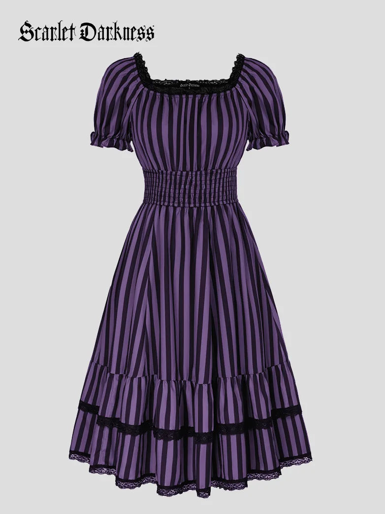 Women Steampunk Elastic Waist Tiered Dress with Pocket