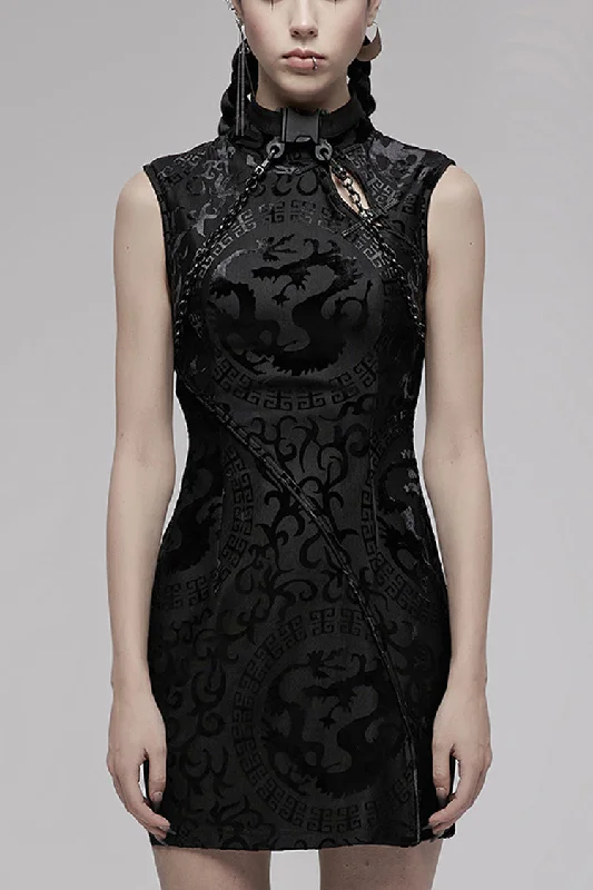 Black Chinese Style Stretch Velvet Burning Flower Dragon Totem Pattern Decoration Small Slit Hem Sleeveless Women's Gothic Dress Black Chinese Style Stretch Velvet Burning Flower Dragon Totem Pattern Decoration Small Slit Hem Sleeveless Women's Gothic Dress