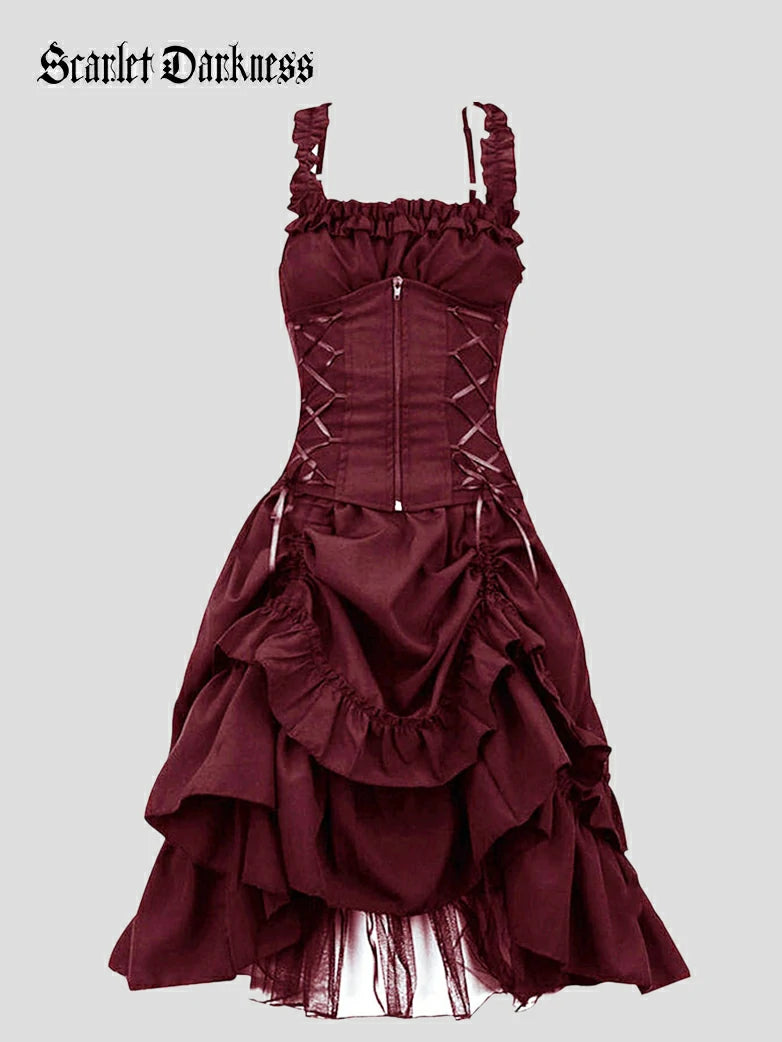 Women Gothic Irregular Tie Hem Waist Lace Dress