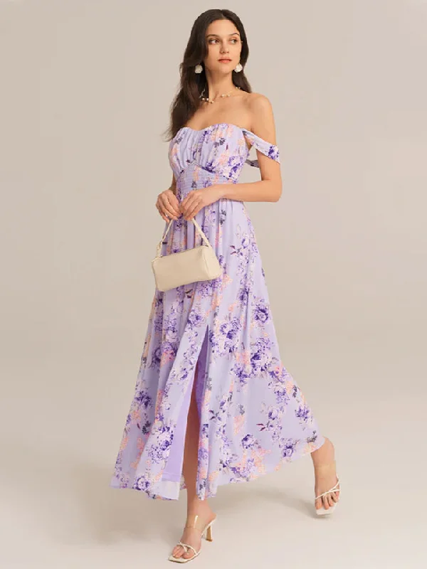 Front Slit Off Shoulder Elastic Waist Flared Dress
