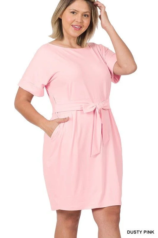 ZENANA | Plus Brushed Dty Tie-Belt Dress