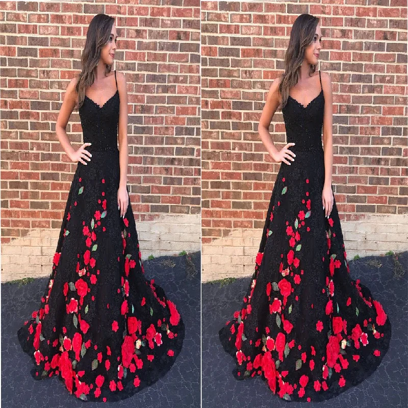 Gorgeous Black Flower Lace Long Customize Prom Dress, Black Evening Dress. PDY0192