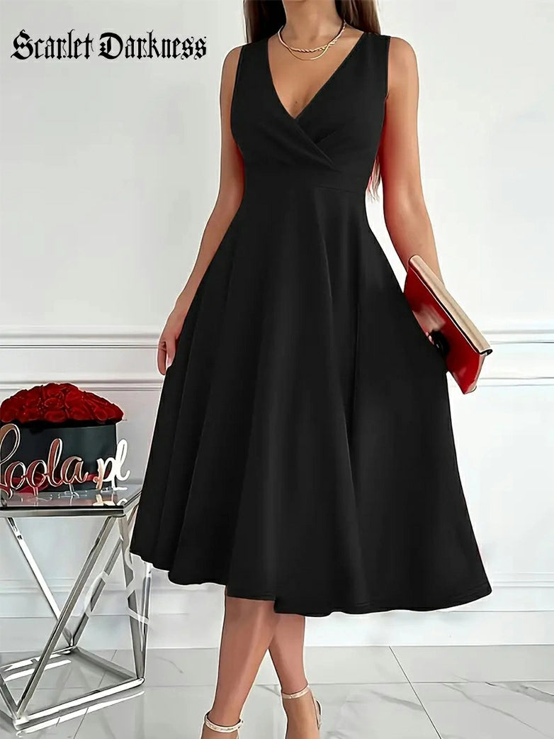 Women Sleeveless Casual Work V-Neck Dress