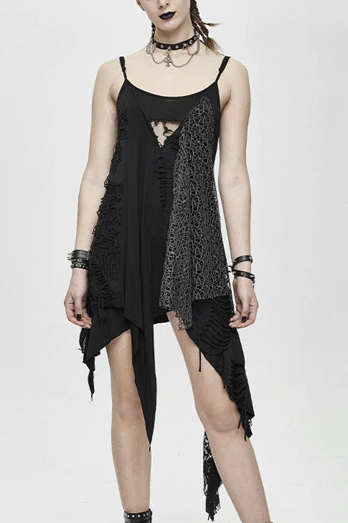 Black Asymmetrical Punk Torn Broken Holes Knitted Womens Slip Dress